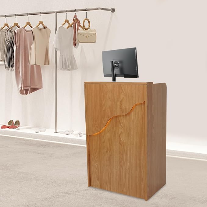 Reception Desk with Counter LED Light, Modern Front Desk with Lockable Drawer, Retail Checkout Counter for Clothing Store Lobby Beauty Salon, Oak Color