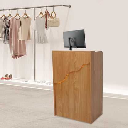 Reception Desk with Counter LED Light, Modern Front Desk with Lockable Drawer, Retail Checkout Counter for Clothing Store Lobby Beauty Salon, Oak Color