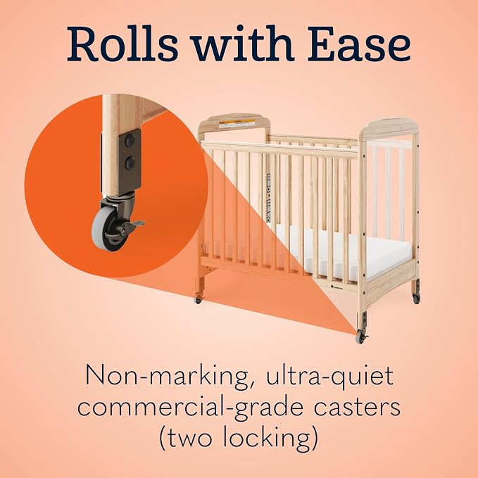Foundations Serenity Compact Clearview Daycare Crib, Fixed Side, Durable Wood Construction, Non-Marking Casters (2 Locking), Clear End Panels, Includes 3” InfaPure Foam Mattress (White)