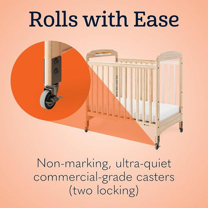 Foundations Serenity Compact Clearview Daycare Crib, Fixed Side, Durable Wood Construction, Non-Marking Casters (2 Locking), Clear End Panels, Includes 3” InfaPure Foam Mattress (White)