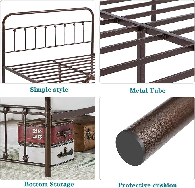 VECELO Full Size Victorian Style Metal Bed Frame with Headboard and Footboard Under Bed Storage No Box Spring Needed Strong Slat Suppor Bed Frame Purple Bronze
