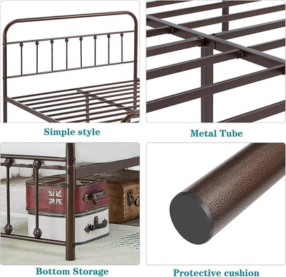VECELO Full Size Victorian Style Metal Bed Frame with Headboard and Footboard Under Bed Storage No Box Spring Needed Strong Slat Suppor Bed Frame Purple Bronze