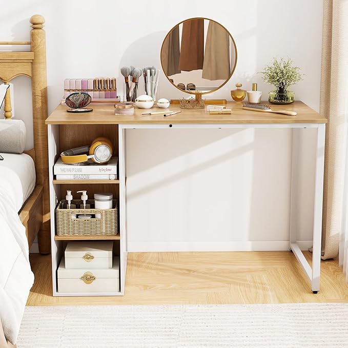 Tangkula Computer Desk with Storage Shelves, Home Office Desk with 5 Side Shelves & Metal Frame, Space Saving Laptop PC Desk, Writing Study Desk, Modern Vanity Desk for Bedroom (Natural)