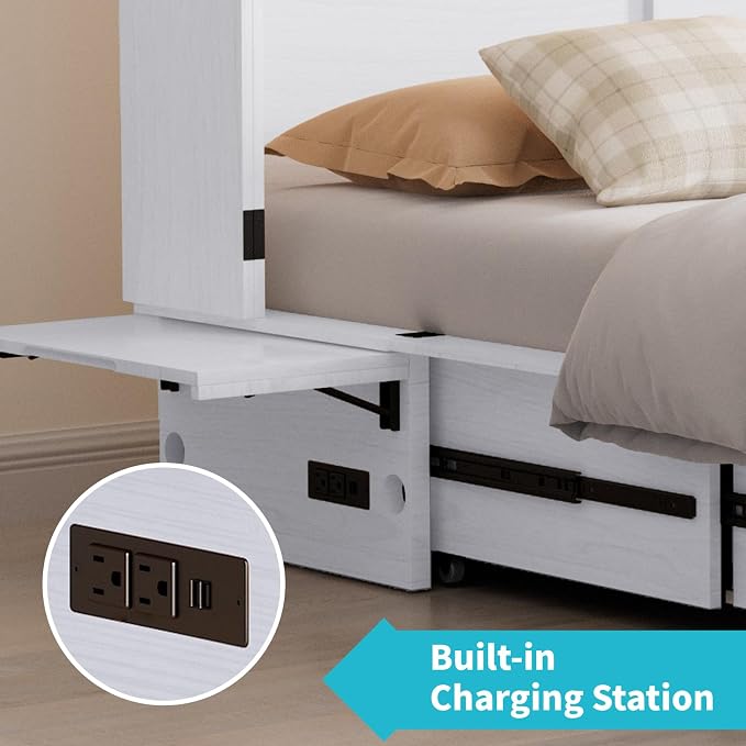 CECER White Murphy Bed Cabinet with Mattress, Space-Saving Folding Bed