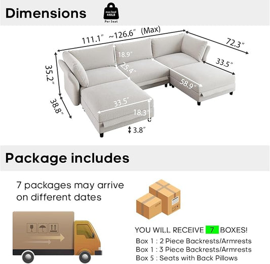 DreamDashio 126" U-Shaped 5-Seat Sectional Sofa, Oversized Modular Cloud Couch with Storage, High Backs & Adjustable Arms, Plush Beige Chenille for Large Living Room