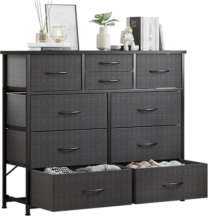 LUMTOK 10-Drawer Dresser, Fabric Storage Tower with Drawers for Bedroom, Dresser Drawer with Handle for Bedroom, Living Room, Hallway, Closets & Nurseryteel Frame, Wood Top (10 Drawer/Grey)