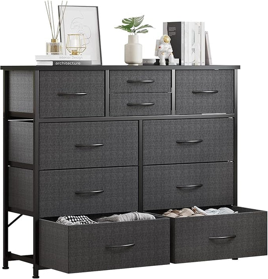 LUMTOK 10-Drawer Dresser, Fabric Storage Tower with Drawers for Bedroom, Dresser Drawer with Handle for Bedroom, Living Room, Hallway, Closets & Nurseryteel Frame, Wood Top (10 Drawer/Grey)