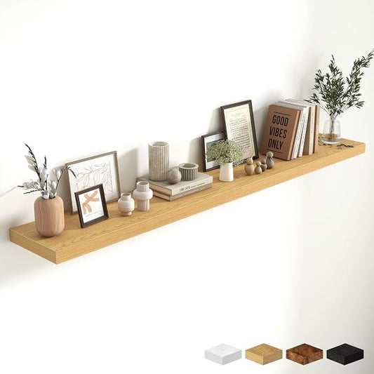 Fun Memories 72 Inch Fireplace Mantel Shelf, 10 Inch Deep Shelves for Display & Wall Storage, Rustic Wood Wall Shelf, Extra Long Floating Shelves for Living Room Laundry Room, Oak, Set of 1