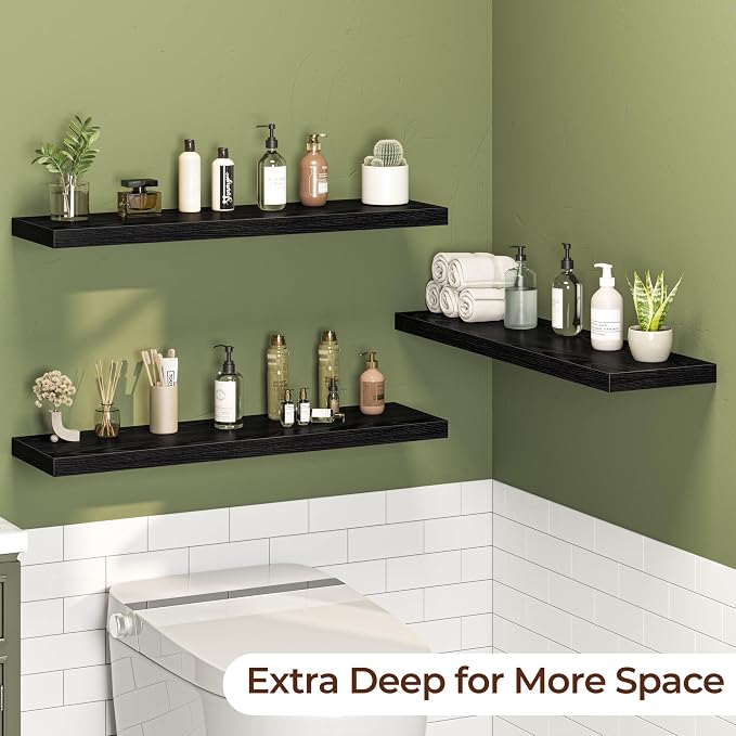 Fun Memories Floating Shelves for Wall 36 Inch Set of 3, Farmhouse Floating Shelves with Invisible Heavy Duty Bracket, 10 Inch Deep Bathroom Shelves for Storage, Living Room, Kitchen, Decor, Black