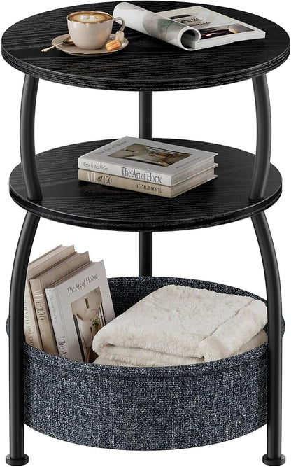 Round Side Table with Storage Basket, End Table Living Room, Black | Round End Table Small Spaces, Bedside Table for Bedroom, 3 Tiers, Sofa Couch Side Table, Greige 15.75 x 24in