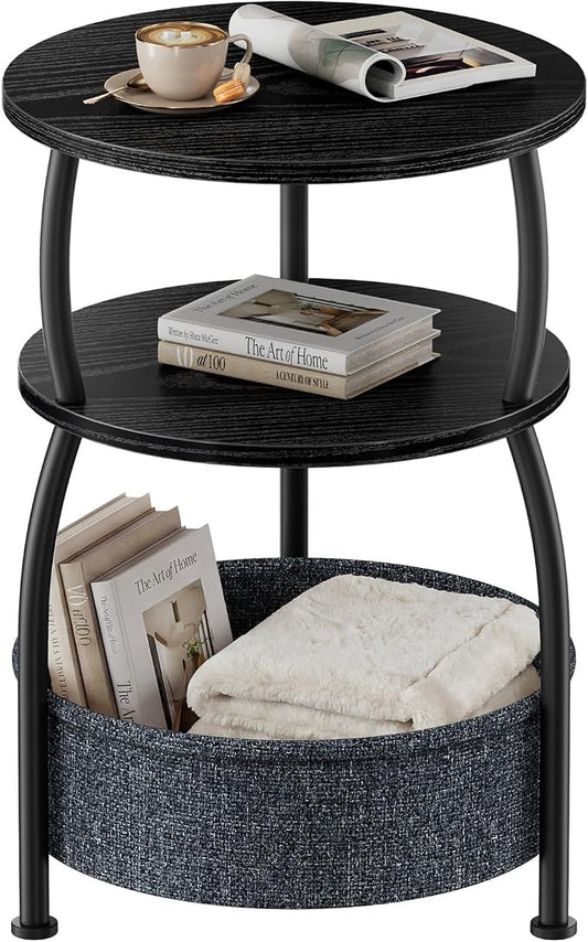 Round Side Table with Storage Basket, End Table Living Room, Black | Round End Table Small Spaces, Bedside Table for Bedroom, 3 Tiers, Sofa Couch Side Table, Greige 15.75 x 24in