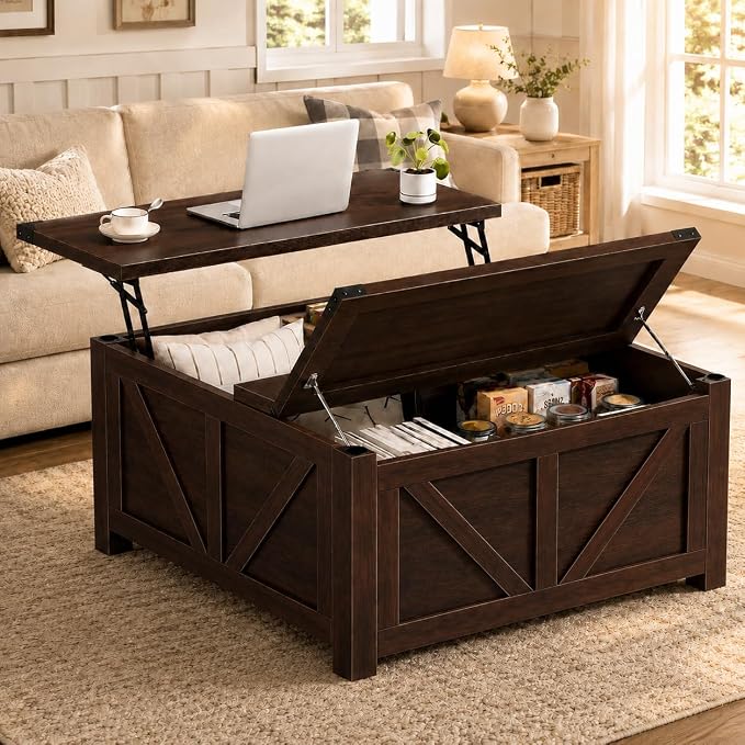 Simple Deluxe Lift Top Coffee Table with Storage, 35.5" Square Coffee Tables for Living Room, Farmhouse Coffee Table with Power Outlets, Coffee Tables with Lifting Top for Living Room (Brown)