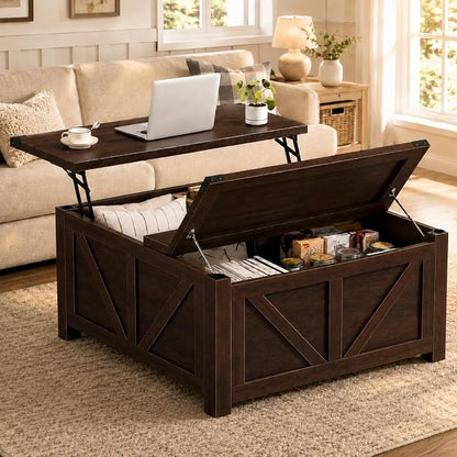 Simple Deluxe Lift Top Coffee Table with Storage, 35.5" Square Coffee Tables for Living Room, Farmhouse Coffee Table with Power Outlets, Coffee Tables with Lifting Top for Living Room (Brown)