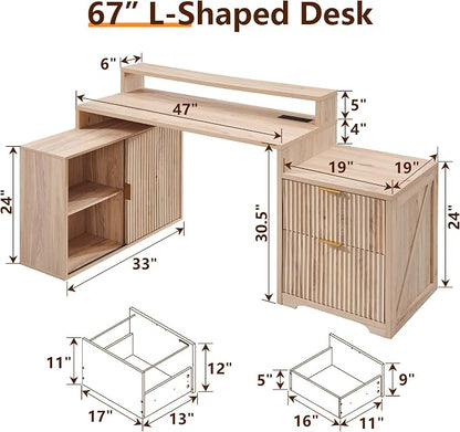 67" Modern Desk with Cabinet & 2 Drawers, Office Desk Built‑in Outlet | luted Computer Writing Desk, storage cabinet with sliding doors, Oak