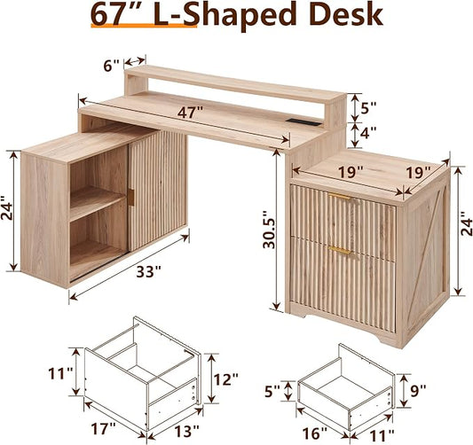67" Modern Desk with Cabinet & 2 Drawers, Office Desk Built‑in Outlet | luted Computer Writing Desk, storage cabinet with sliding doors, Oak