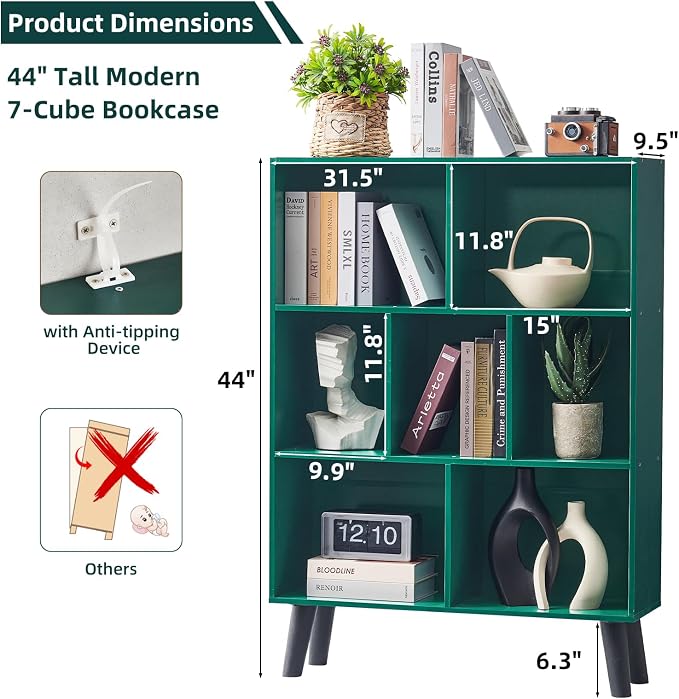 LEYAOYAO Cube Bookshelf 3 Tier Mid-Century Dark Green Modern Bookcase with Legs,Retro Wood Bookshelves Storage Organizer Shelf,Freestanding Open Book Shelves for Bedroom,Living Room,Office
