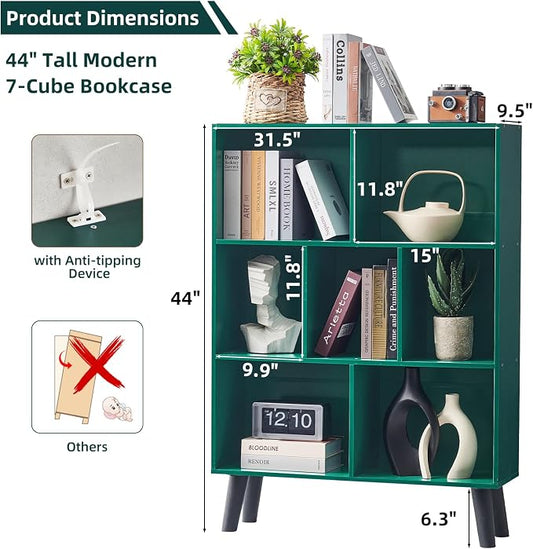LEYAOYAO Cube Bookshelf 3 Tier Mid-Century Dark Green Modern Bookcase with Legs,Retro Wood Bookshelves Storage Organizer Shelf,Freestanding Open Book Shelves for Bedroom,Living Room,Office