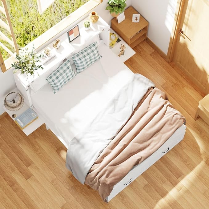 Full Murphy Bed with Drawer, Folded Cabinet Bed with Wheels & Black Metal Handles, Modern Murphy Bed Cabinet for Bedroom Guest Room White 75.6”L x 55.9”W x 41.3”H