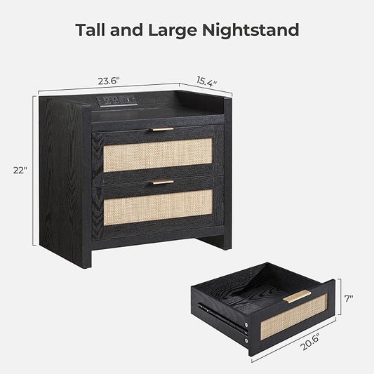 SICOTAS Night Stand Bedside Table - Rattan Nightstand End Table with Type-C Charging Station, 2 Drawers Storage Boho Night Stands for Bedroom - Black Oak