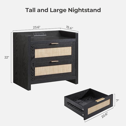 SICOTAS Black Nightstands Set of 2 Bed Side Table - Boho Night Stand End Table with Type-C Charging Station, 2 Rattan Decor Drawers Storage Cabinet Night Stands for Bedroom, Black Oak