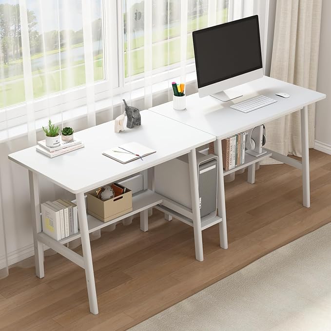 NELYE 2 Person Desk with Storage Bookshelf, 79” x 24” in, White | Fits Two People, Trapezoid Solid Wood Legs for Stability, Splits into Two Desks, Suitable for Home Office and Study