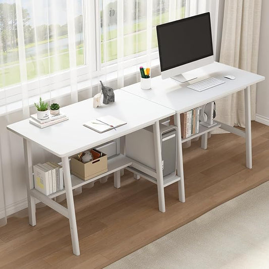 NELYE 2 Person Desk with Storage Bookshelf, 79” x 24” in, White | Fits Two People, Trapezoid Solid Wood Legs for Stability, Splits into Two Desks, Suitable for Home Office and Study