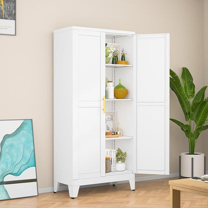 White Metal Storage Cabinet, 48" Steel Cabinets for Home Office | Kitchen Pantry Storage Cabinet with Doors and 3 Adjustable Shelves, for Office, Home, Garage, School
