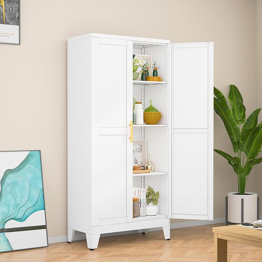 White Metal Storage Cabinet, 48" Steel Cabinets for Home Office | Kitchen Pantry Storage Cabinet with Doors and 3 Adjustable Shelves, for Office, Home, Garage, School