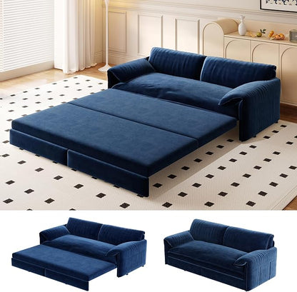 63.8" Sofa Bed Queen Size, Pull Out Couch Bed, 3-in-1 Convertible Sleeper Sofa with Side Pocket, Modern Velvet Futon Couch for Living Room, Small Space, Apartment, Bedroom, Blue