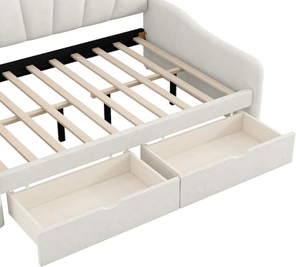 Merax Full Size Modern Upholstered Sofa Day Bed with Shall Shaped Backrest & Storage Drawers, Mutifunction Platform Bed with Wood Slat Support,Velvet Storage Bed Frame with Headboard/Twin, White