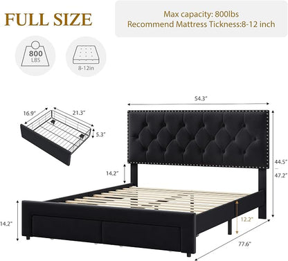 GarveeHome Full Size Bed Frame with Storage Drawers — Velvet Upholstered Platform Bed with Vintage Headboard, Wooden Slat Support, Noise-Free, No Box Spring Needed, Beige