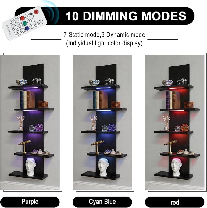VIWODS 5 Tier Wall Shelf Unit-Black Floating Shelves with Light for Home Decor, Modern Unique Asymmetric Design for Bedroom & Living Room Storage