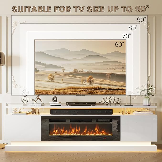80" Fireplace TV Stand, Modern Entertainment Center for TVs Up to 90", TV Console with Storage Cabinets, Media Console for Living Room, WI-FI Enabled White TV Stand and Black Fireplace