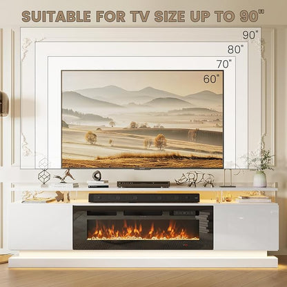 80" Fireplace TV Stand, Modern Entertainment Center for TVs Up to 90", TV Console with Storage Cabinets, Media Console for Living Room, WI-FI Enabled White TV Stand and Black Fireplace