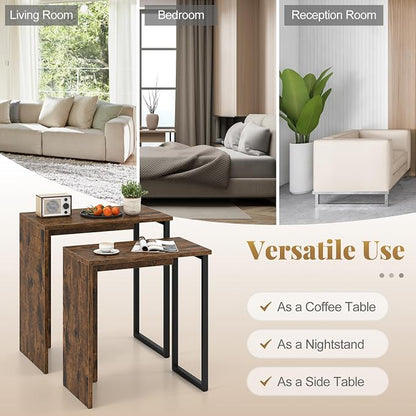Giantex Nesting Coffee Table Set of 2, Rectangular Stackable Side Tables with Sturdy Metal Frames, Modern Nesting End Tables for Living Room, Bedroom, Rustic Brown