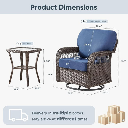 Belord 3 Piece Patio Set,Swivel Patio Chairs Set with Side Table, All-Weather Wicker Backyard Balcony Porch Seating Group,Blue