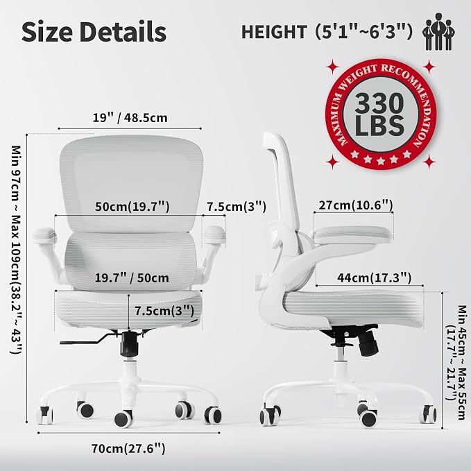 TRALT Ergonomic Office Chair - Desk Chair with Adjustable Lumbar Support Computer Chair - Mesh Comfy Chair with Flip-up Armrests - Gaming Chairs for Adults Home Office (Leather, White)