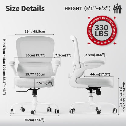 TRALT Ergonomic Office Chair - Desk Chair with Adjustable Lumbar Support Computer Chair - Mesh Comfy Chair with Flip-up Armrests - Gaming Chairs for Adults Home Office (Leather, White)