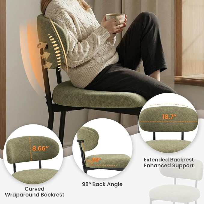 Upholstered Dining Chairs Set of 6, Modern Fabric Kitchen Chairs with Curved Backrest and Cushioned Seat, Sturdy Metal Legs, Comfortable Accent Chairs for Kitchen Dining Room, Living Room,Green