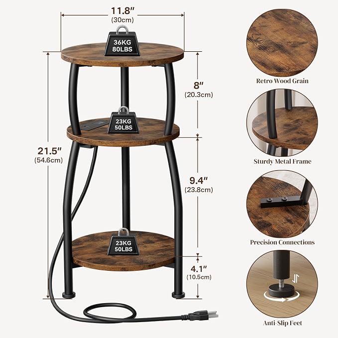 Round Side Table with Power Outlet & USB Ports, 3-Tier End Table with Storage Shelf, Modern Rustic Nightstand, Small Spaces Accent Table for Living Room Bedroom, Easy Assembly, Rustic Brown