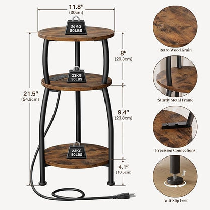 Round Side Table with Power Outlet & USB Ports, 3-Tier End Table with Storage Shelf, Modern Rustic Nightstand, Small Spaces Accent Table for Living Room Bedroom, Easy Assembly, Rustic Brown