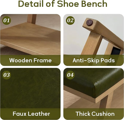 Zihanhome 45" Entryway Bench Upholstered Storage Bench for Bedroom Shoe Rack Bench for Living Room, Hallway, Mudroom, Balcony, Sturdy Indoor Bench Seat Holds Up to 300 lbs (PU-Green)