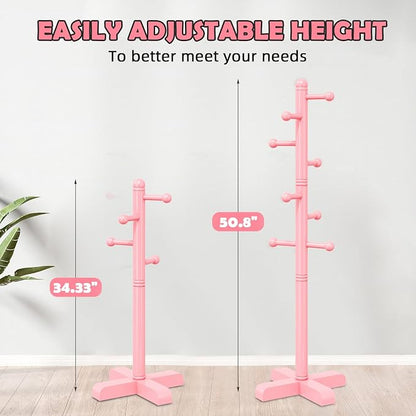 Coat Rack, Freestanding Coat Racks with 8 Hooks 2 Adjustable Height, Tree Coat Rack for Bedroom, Hallway, Entrance, Office, Hats, Handbags,Purse (Pink)