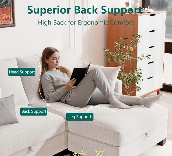 Modular Sectional L Shaped Sofa Couches for Living Room, Cloud Couch with Storage Ottoman, Comfy Chenille Sofa with Pillow, Beige