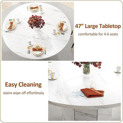 HSH Round Dining Table for 4-6, 47” White Faux Marble Dinner Table only, Modern Circle Kitchen Table for Home Living Room, Industrial Wood Dining Room Table with Octagon Base, White Marble