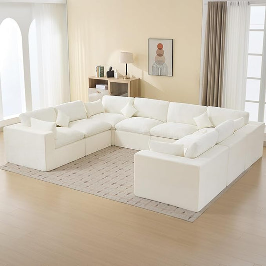 146''Cloud Boneless Sectional Couch, Modular Sectional Sofa Deep Seat, Oversized Upholstered Convertible Comfy 8 Seater Chenille Memory Foam Sofa U Shape Couches for Living Room, Beige