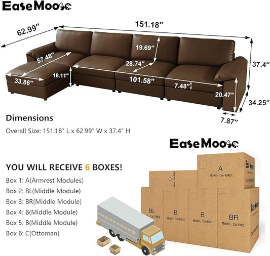 EASE MOOSE Oversized Modular Sectional Sofa,Leather Sectional Couch with Deep Seat,Extra Large L Shaped Couch,Classic Comfy Scratch Resistant Faux Leather Material Sofa for Living Room,Deep Brown