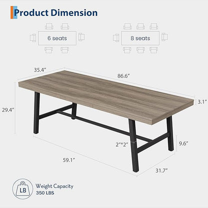 GarveeHome Industrial Dining Table for 8-10 People, 86.61" Long Kitchen Table with Sturdy Metal Frame, Rectangular Counter for Dinner, Kitchen, Dining Room (Grey Walnut, 87" Non-extendable)