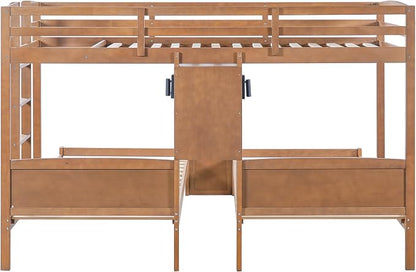 VilroCaz Twin Over Twin & Twin Bunk Bed with Built-in Desk and Storage Shelves, 3 Beds in 1 Design Solid Wood Triple Bunk Bed with Reading Lamp and Guardrails for Kids Teens Aldults (Natural-2.14)