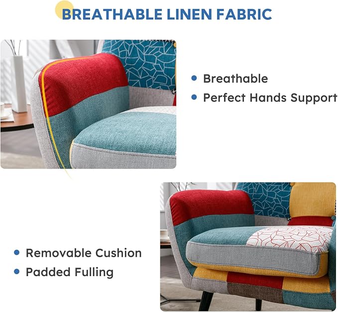 Bonzy Home Modern Oversized Accent Chair for Living Room, Colorful Boho Linen Fabric Upholstered Armchair with Wood Legs, Single Chair